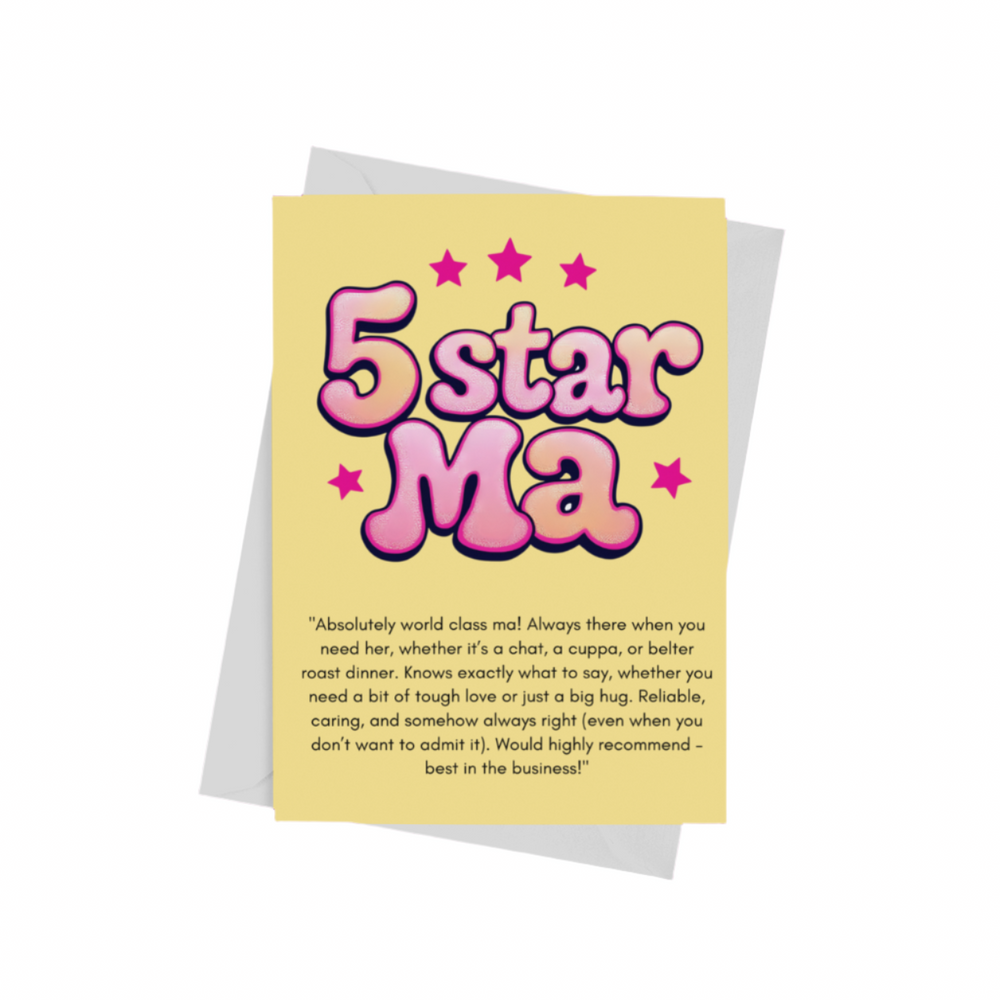 A ‘5 Star Ma’ Mother’s Day card featuring a funny review-style design – a unique Scouse gift for mums.
