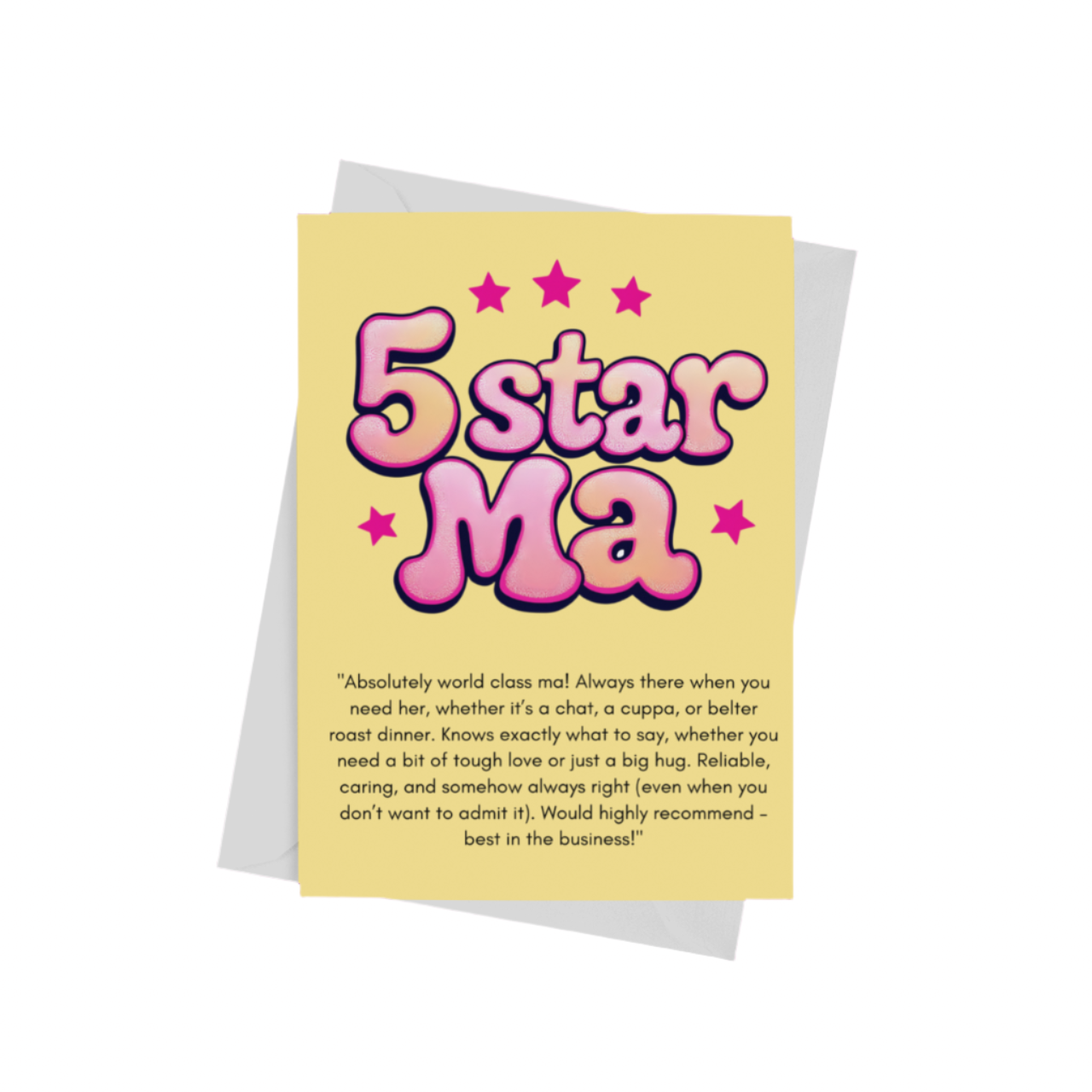 A ‘5 Star Ma’ Mother’s Day card featuring a funny review-style design – a unique Scouse gift for mums.
