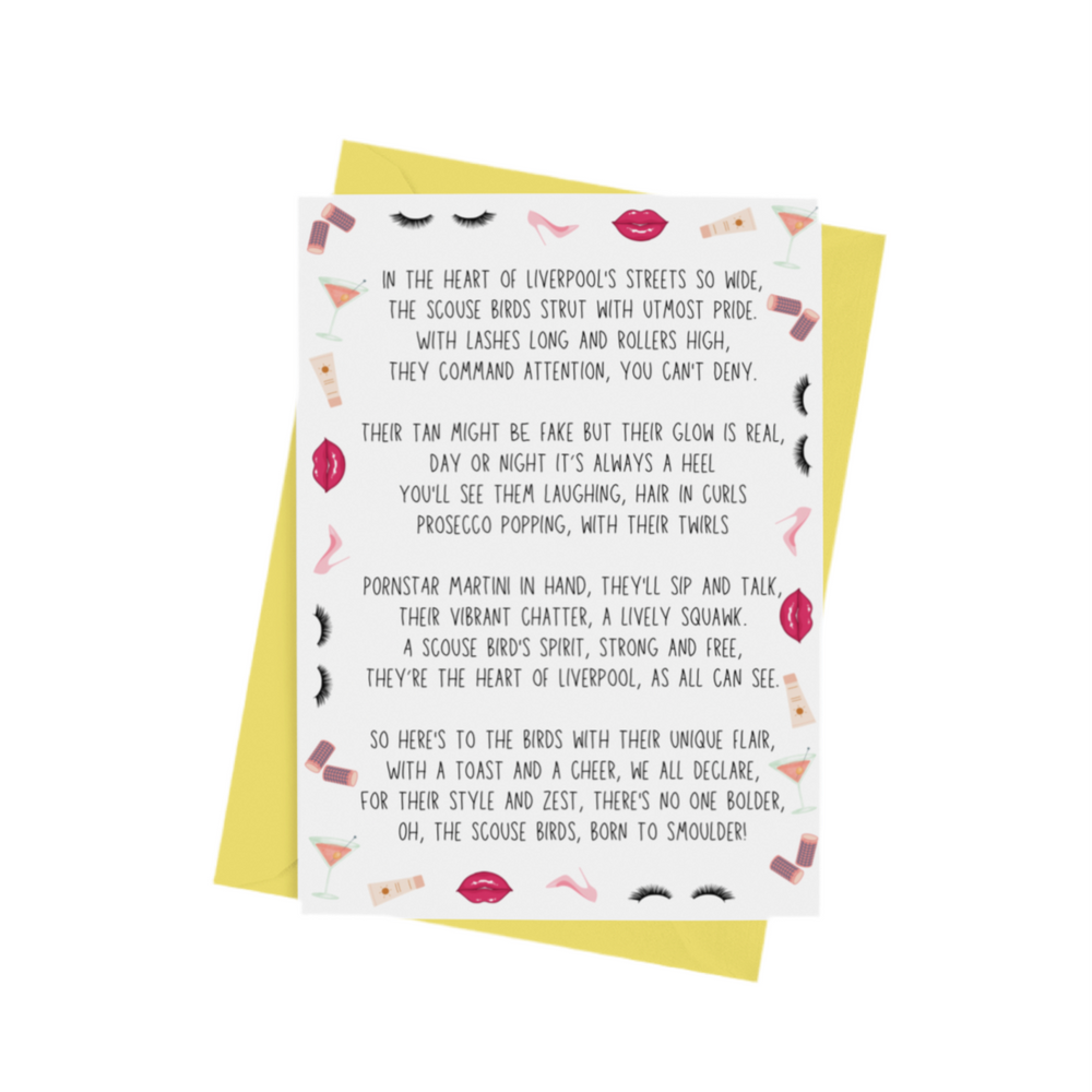 A poem about scouse birds celebrating how fantastic they are on an A5 greetings card scouse card liverpool