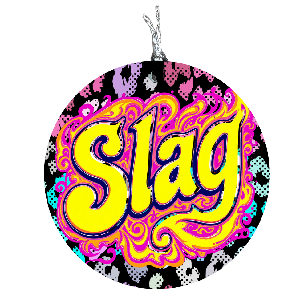 Slag Leopard Print Hanging Decoration – bold leopard print ornament with cheeky ‘Slag’ text, perfect for sassy home decor.