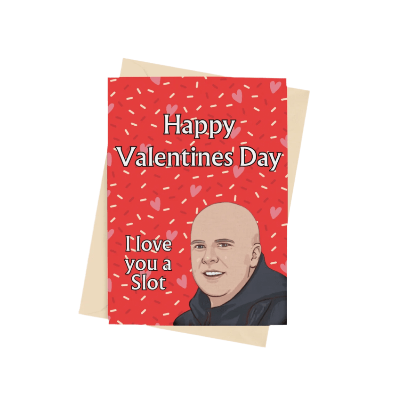 A funny Liverpool FC Valentine’s card featuring Arne Slot with the message "Happy Valentine’s Day, I Love You a Slot" – perfect for football fans.