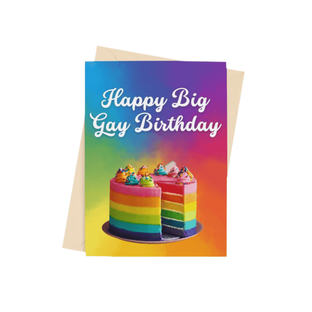 A vibrant A5 ‘Happy Big Gay Birthday’ card with a semi-gloss finish and envelope included – the perfect LGBTQ+ birthday card.