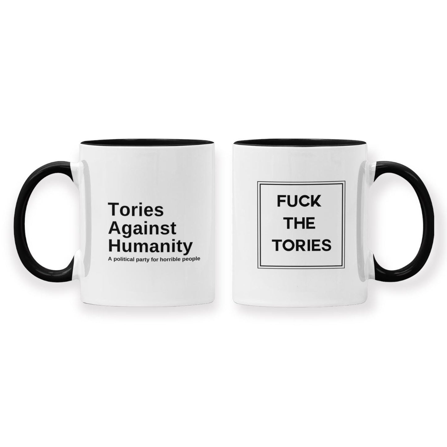 A ‘Fuck The Tories / Tories Against Humanity’ hybrid mug – a bold and funny political statement piece for tea and coffee lovers.