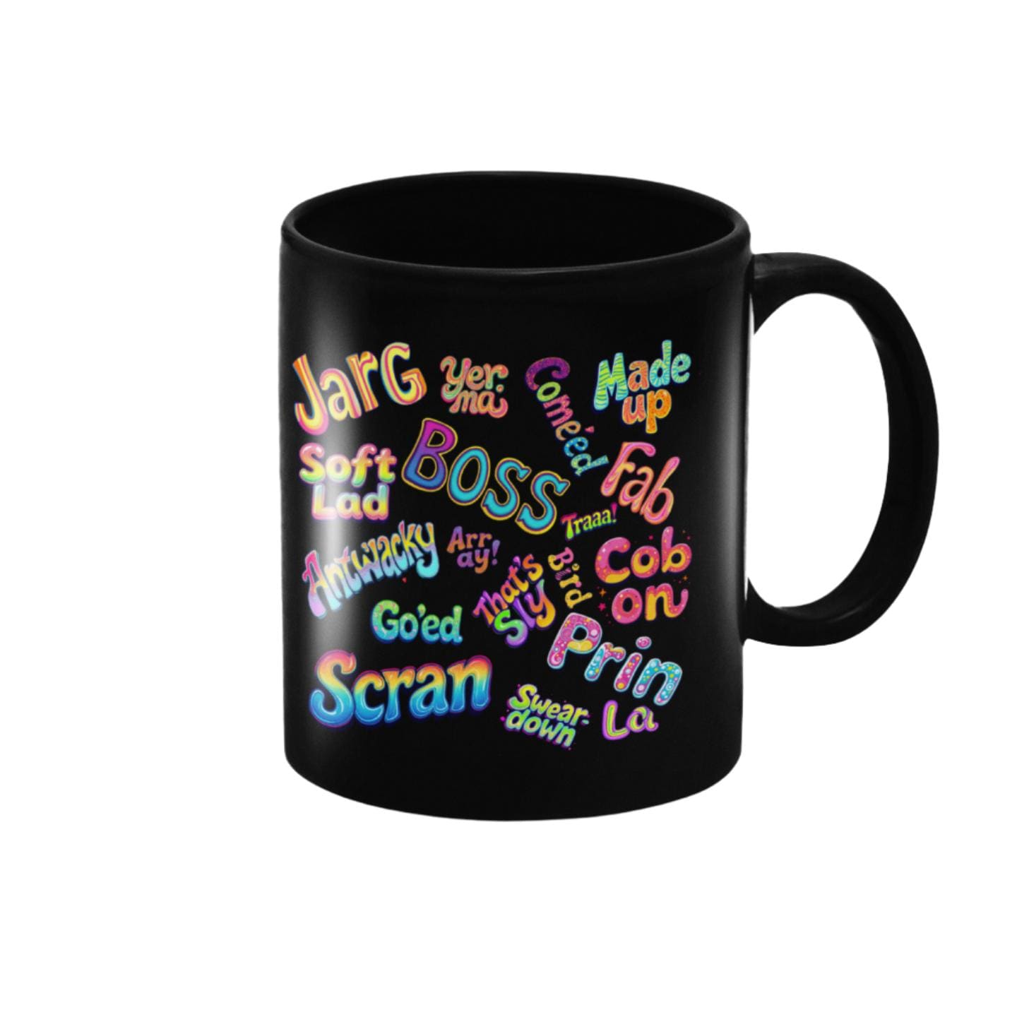 Scouse Slang Mug – ceramic mug featuring classic Scouse phrases like boss, jar, swear down & more.