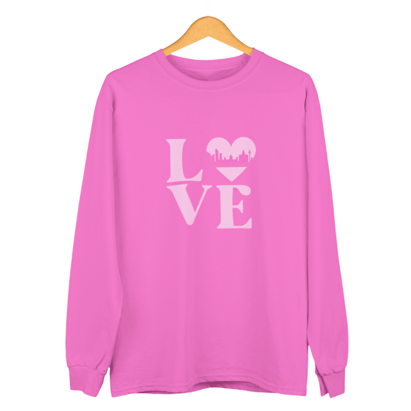 A pale pink Liverpool Love sweatshirt featuring the word LOVE, with a heart-shaped Liverpool skyline design – the perfect Liverpool gift or souvenir.