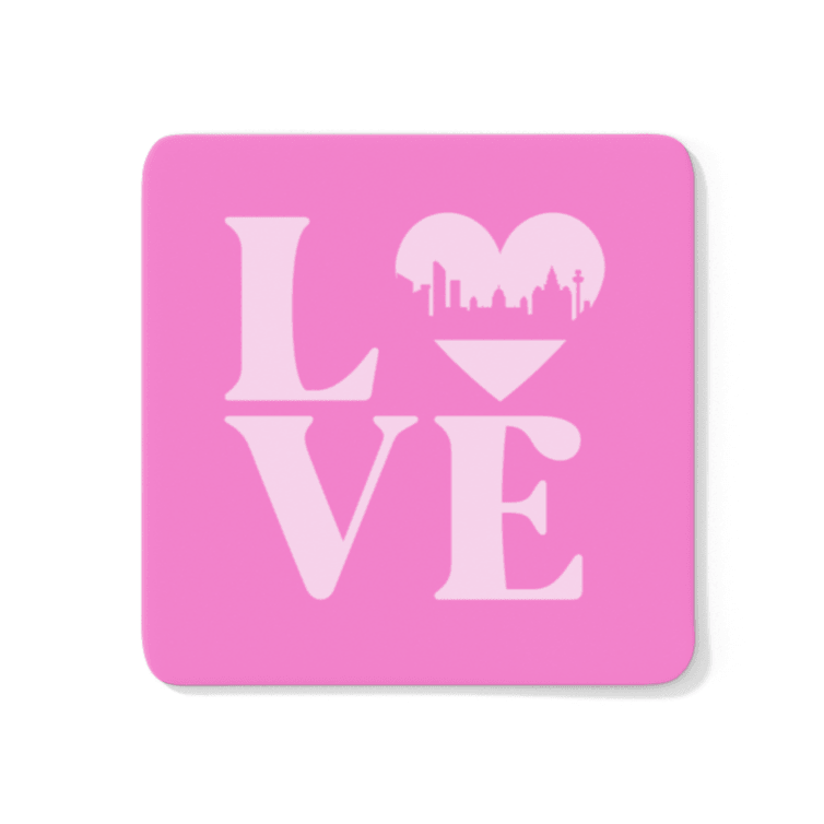 A pale pink fridge magnet featuring the word LOVE, with a heart-shaped Liverpool skyline design – the perfect Liverpool souvenir or gift.