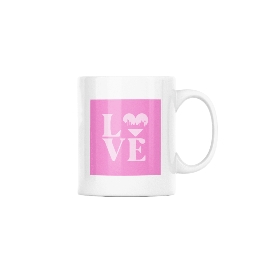 A pink mug featuring the word LOVE, with a heart-shaped Liverpool skyline design – the perfect Liverpool gift or souvenir.