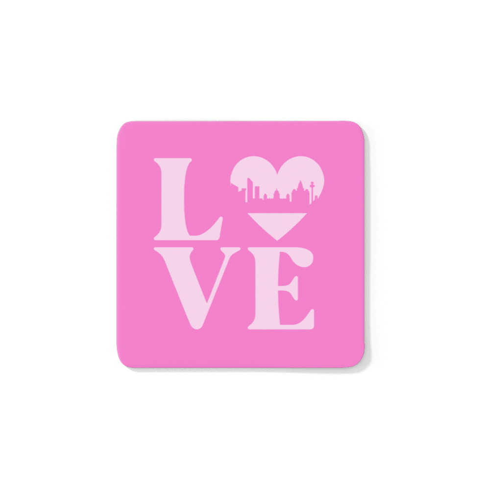 A pale pink coaster featuring the word LOVE, with a heart-shaped Liverpool skyline design – a stylish Liverpool souvenir or gift.