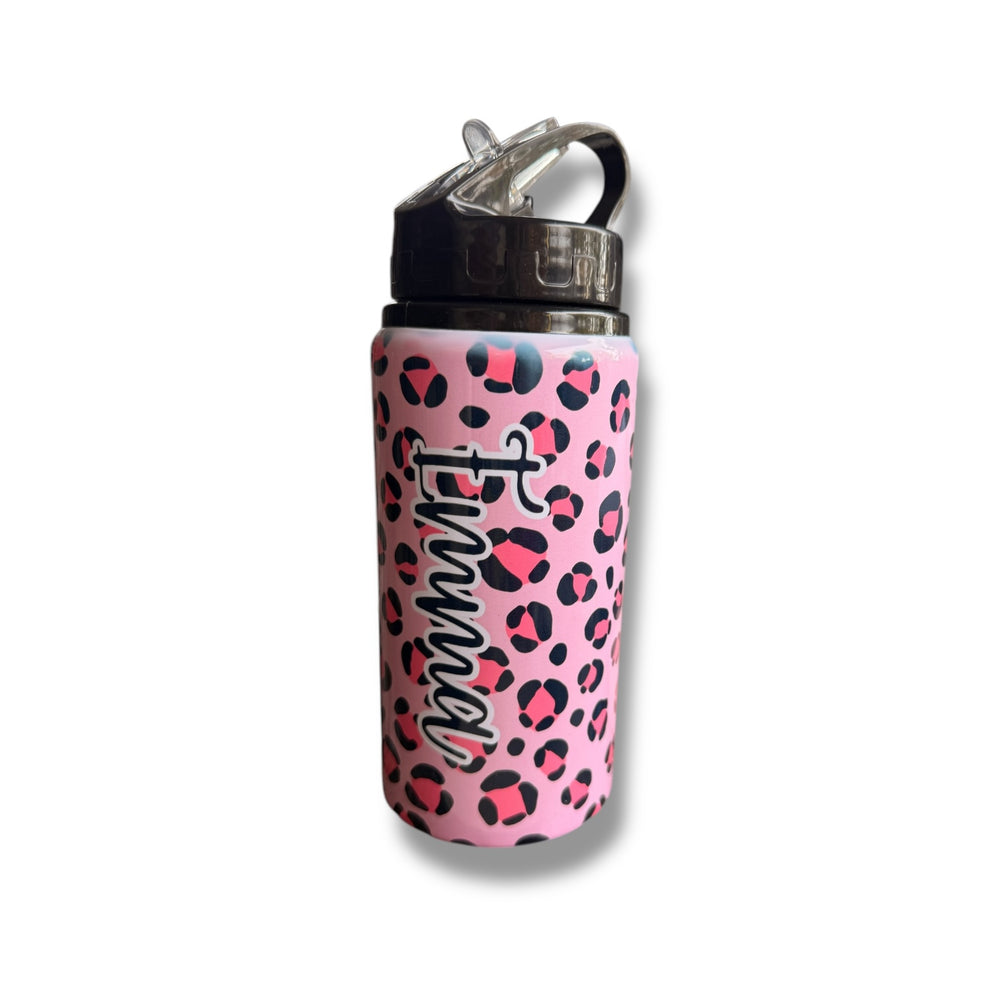 Personalised Metal Water Bottle with Straw – 500ml custom name bottle available in a range of designs, dishwasher safe. Pink Leopard