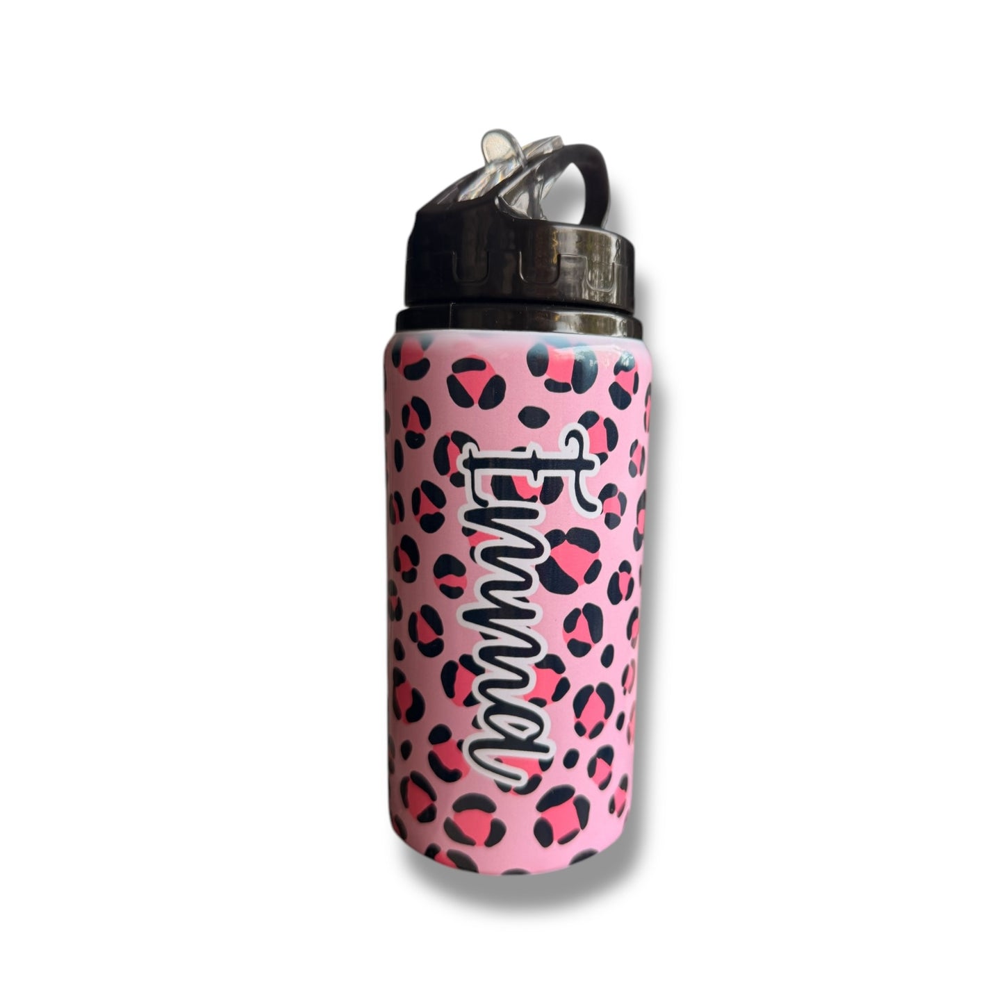 Personalised Metal Water Bottle with Straw – 500ml custom name bottle available in a range of designs, dishwasher safe. Pink Leopard Print.