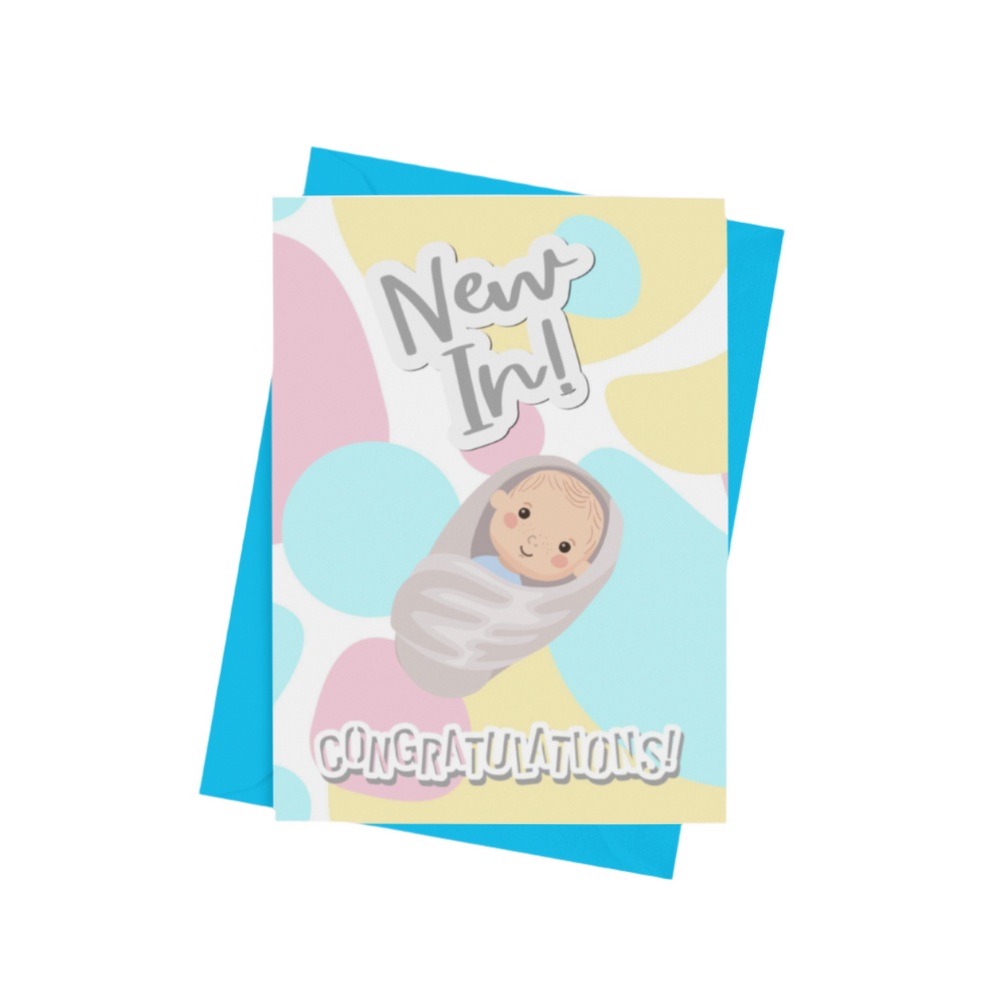  A ‘New In – Congratulations on Your New Baby’ A5 greeting card with a semi-gloss finish and envelope included.