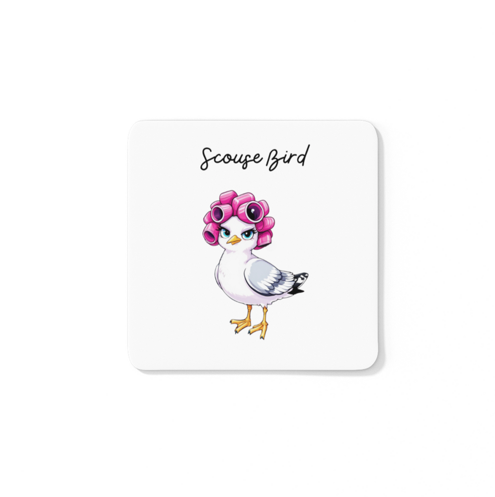 Scouse Bird Seagull in Rollers Coaster – heat-resistant coaster featuring a funny seagull with hair rollers, full of Scouse attitude.