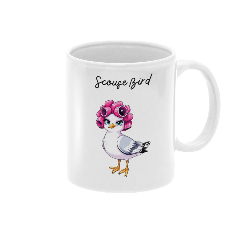 Scouse Bird Seagull in Rollers Mug – ceramic mug featuring a hilarious seagull with hair rollers, full of Scouse attitude.