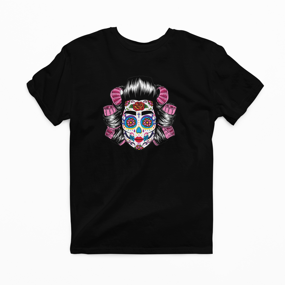 Scouse Sugar Skull in Rollers T-Shirt – unisex tee featuring a bold sugar skull with rollers design for the ultimate mix of Scouse glamour and gothic vibes.