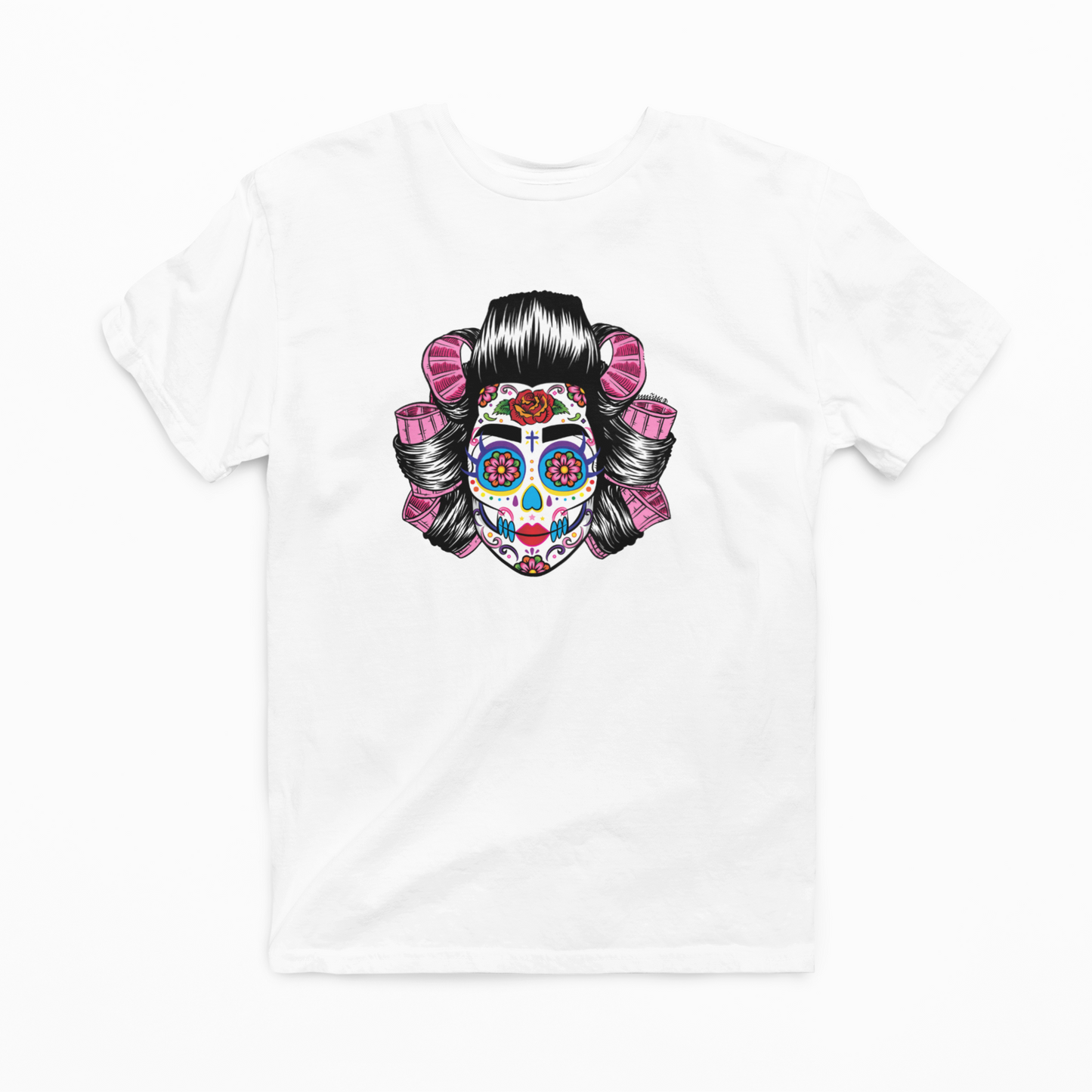 Scouse Sugar Skull in Rollers T-Shirt – unisex tee featuring a bold sugar skull with rollers design for the ultimate mix of Scouse glamour and gothic vibes.