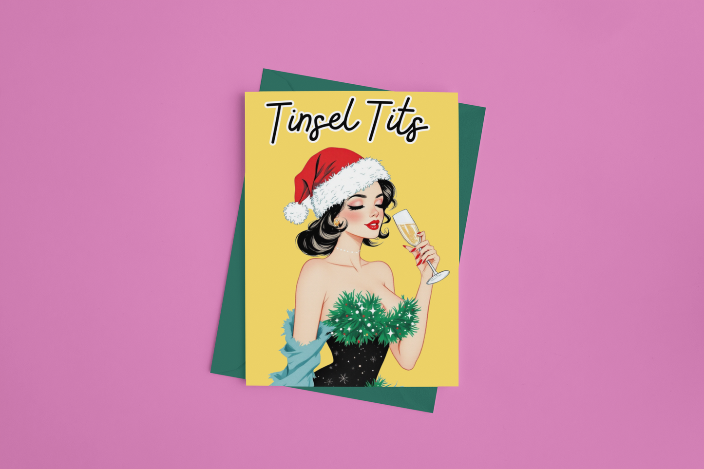 christmas card saying tinsel tits featuring a vintage woman drinking champagne with a chest covered in tinsel