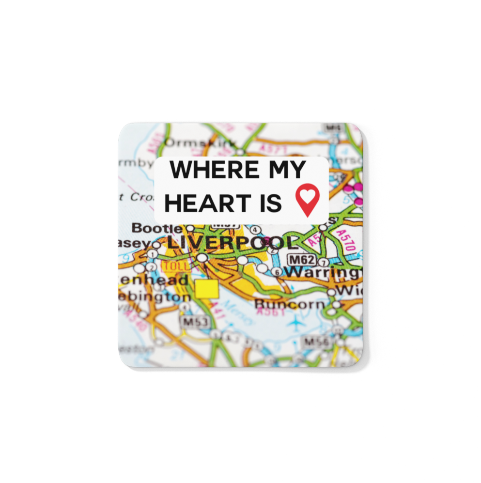  Where My Heart Is Liverpool Coaster – heat-resistant coaster featuring a heartfelt Liverpool-inspired design, perfect for Scousers at home or away.